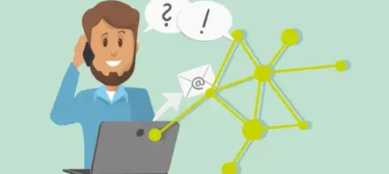 Grafik: Mann vor dem Laptop nimmt Kontakt auf.