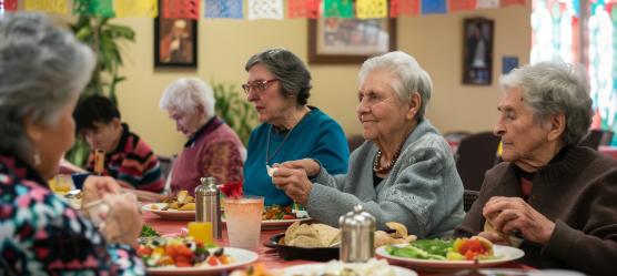 ältere Damen sitzen am Mittagstisch und essen